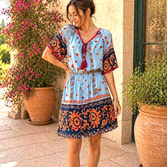 Tracy Reese Dresses & Skirts - Silk Boho Tassel Dress by Tracy Reese | Blue Orange Paisley Peasant Size Small